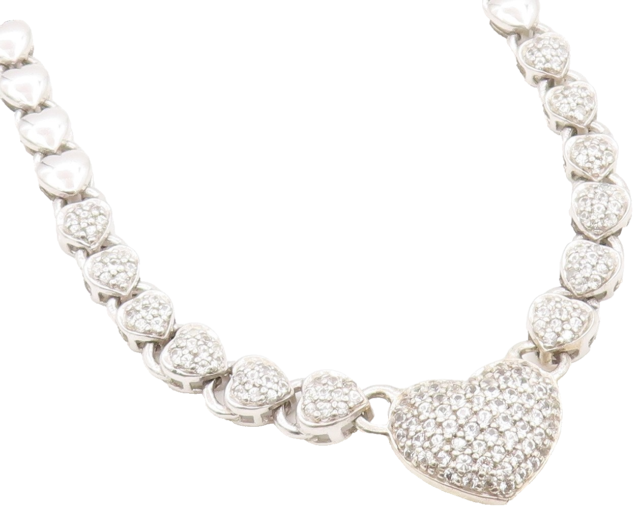 925 Sterling Silver Vintage Necklace Clustered CZ Solid Love Heart Chain  NE4658