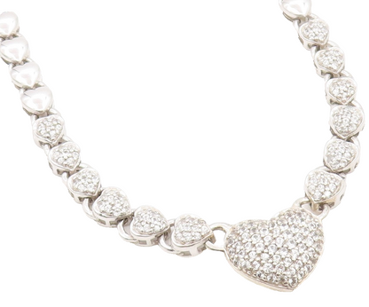 925 Sterling Silver Vintage Necklace Clustered CZ Solid Love Heart Chain  NE4658