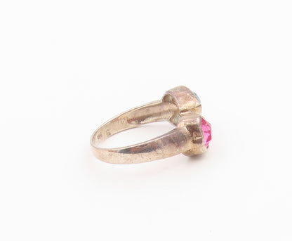 925 Sterling Silver Vintage Ring Pink & Blue Topaz Love Hearts  Sz 5.5  RG36476