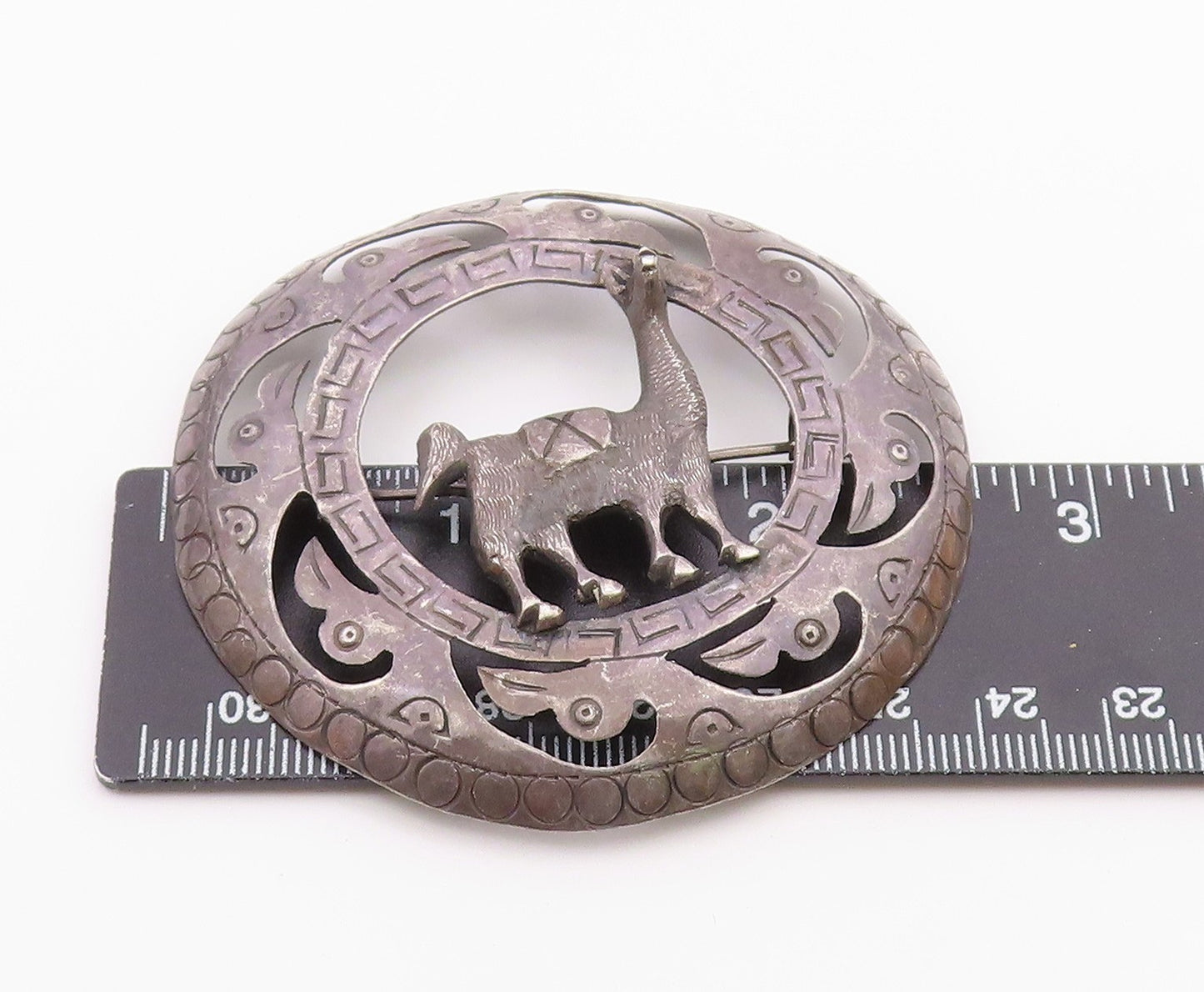 925 Sterling Silver  Vintage Antique Alpaca Greek Key Etched Brooch Pin BP4879