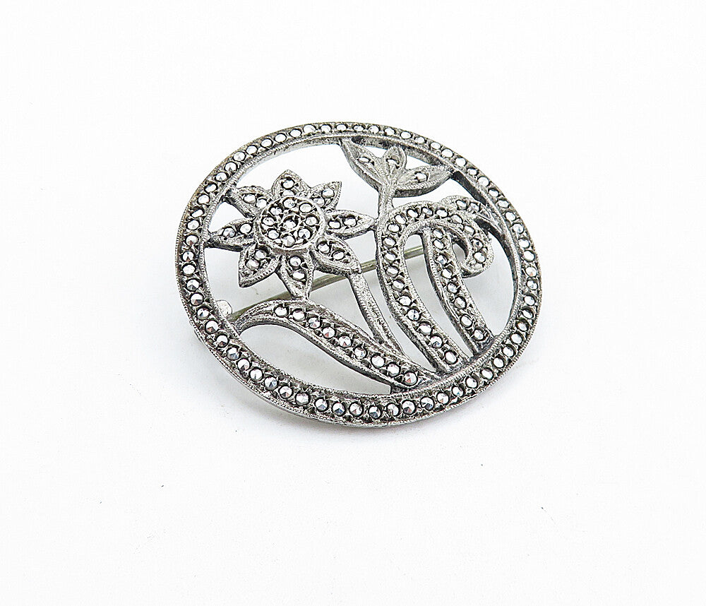 925 Sterling Silver  Vintage Sparkling Blooming Flowers Brooch Pin  BP2212