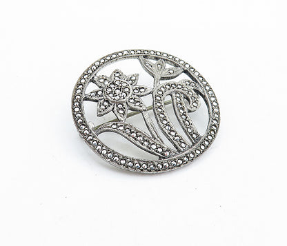 925 Sterling Silver  Vintage Sparkling Blooming Flowers Brooch Pin  BP2212
