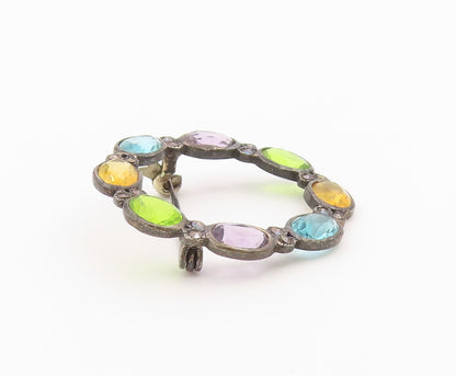925 Sterling Silver Vintage Brooch Pin Multi Gemstone Circle Wreath  BP12586