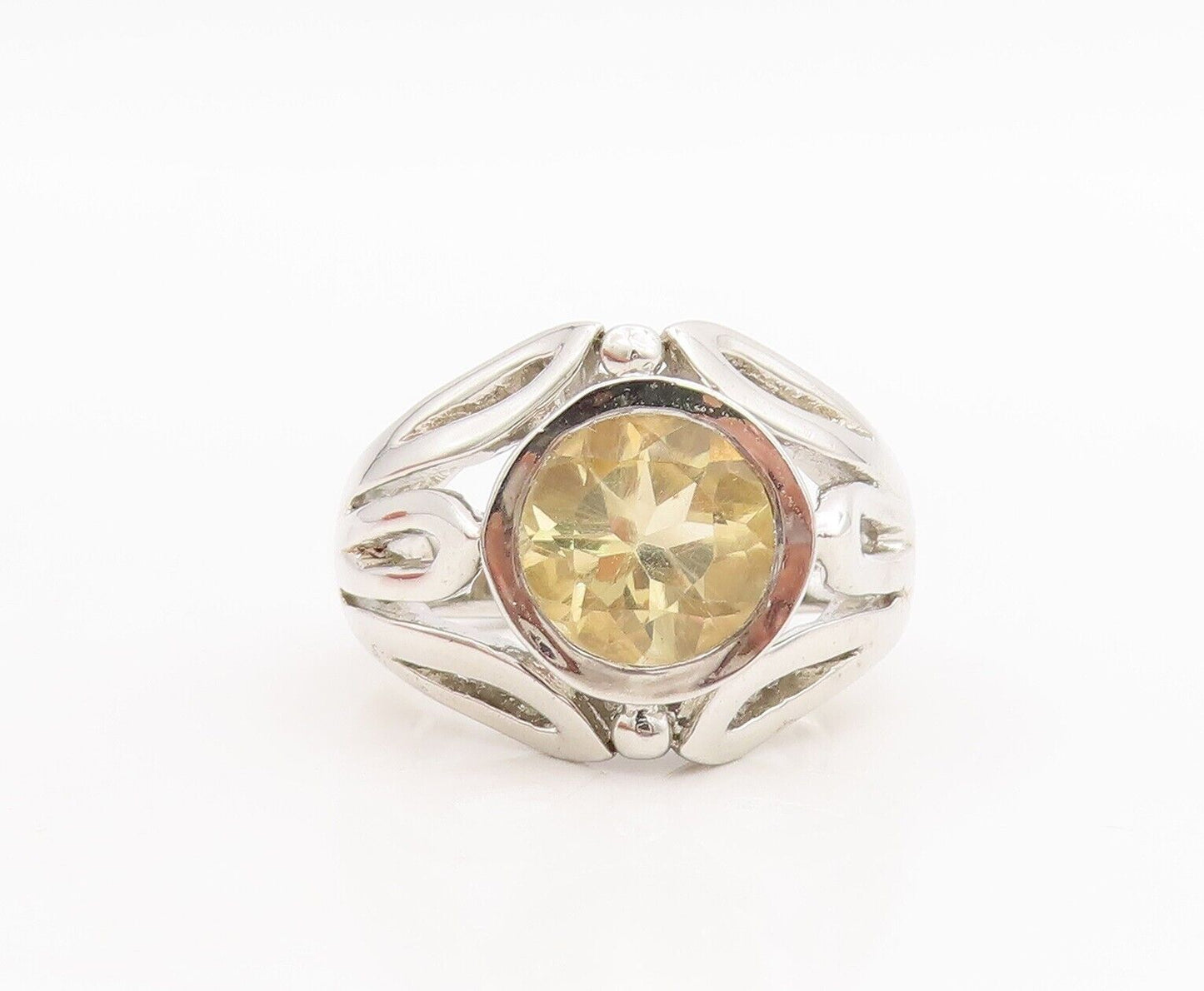 925 Sterling Silver Vintage Ring Leaf Border Cutout Neck Citrine  Sz 8  RG28658