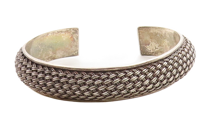 925 Sterling Silver  Vintage Dark Tone Basket Weave Cuff Bracelet  BT1428