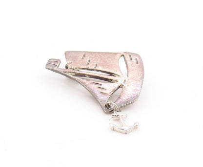 925 Sterling Silver Vintage Brooch Etched Sailboat With Dangling Anchor  BP11934