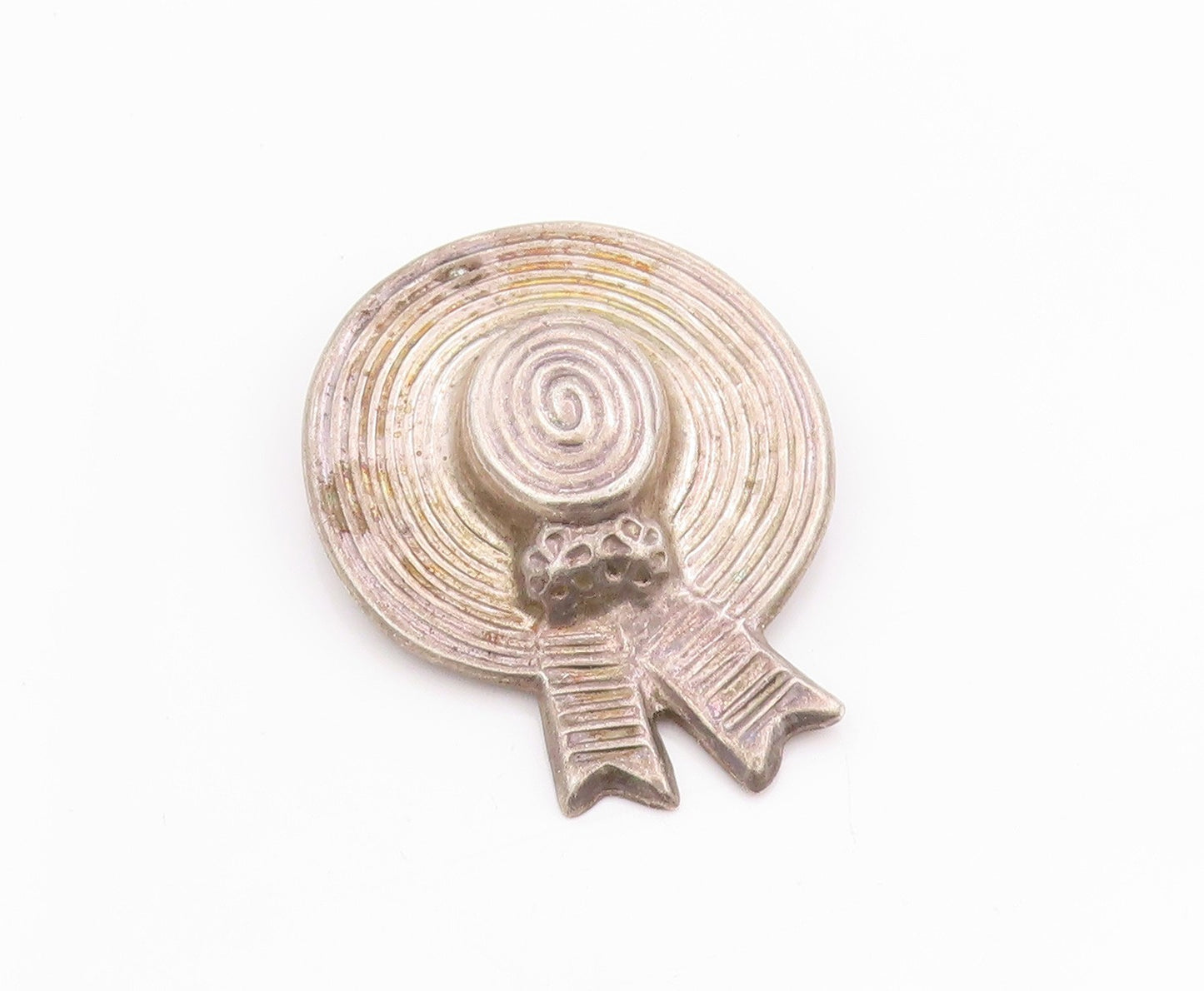 925 Sterling Silver Vintage Brooch MEXICO Etched Floral Hat With Ribbon  BP11816