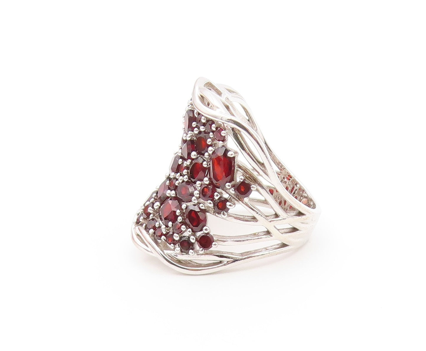 925 Sterling Silver Vintage Ring Chunky Garnet Wide Statement Band Sz 9 RG36488