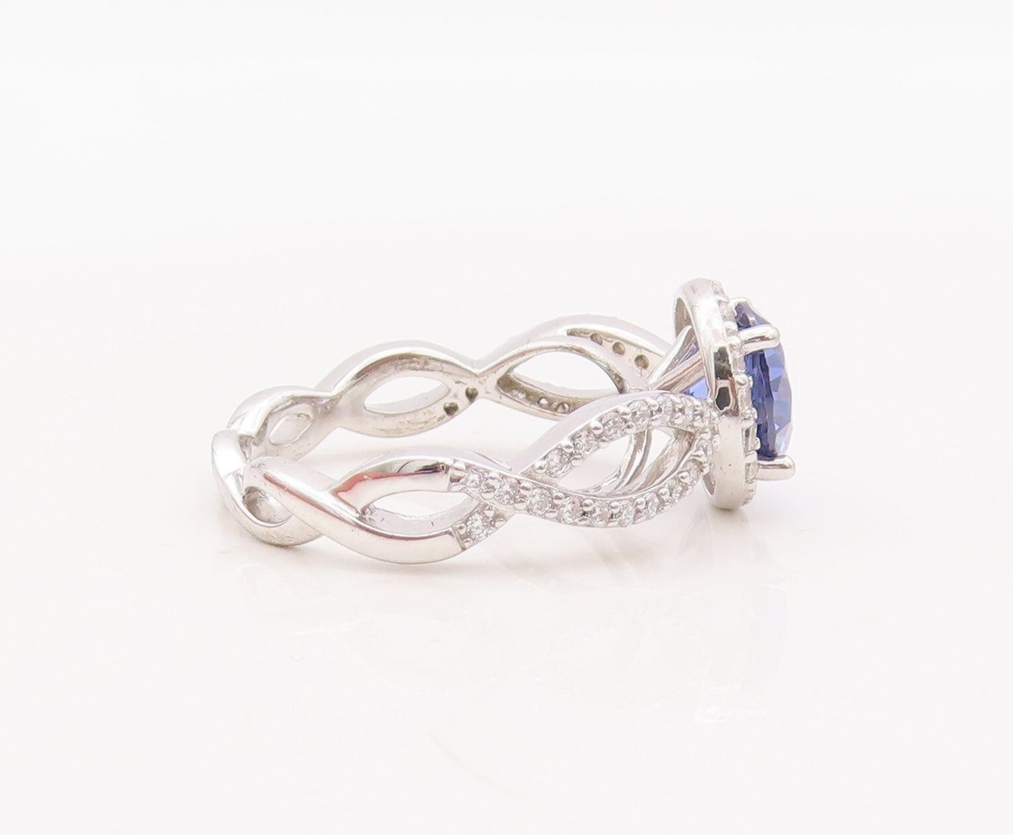 925 Sterling Silver Vintage Ring Round Blue Designer CZ Band  Sz 7  RG29301
