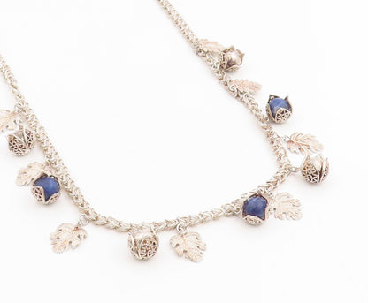 925 Sterling Silver Vintage Necklace Lapis Lazuli Beads Botanical Charm  NE4779