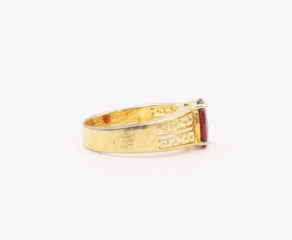925 Sterling Silver Vintage Ring Gold Plated Maze Cutout Garnet  Sz 9.5  RG28023