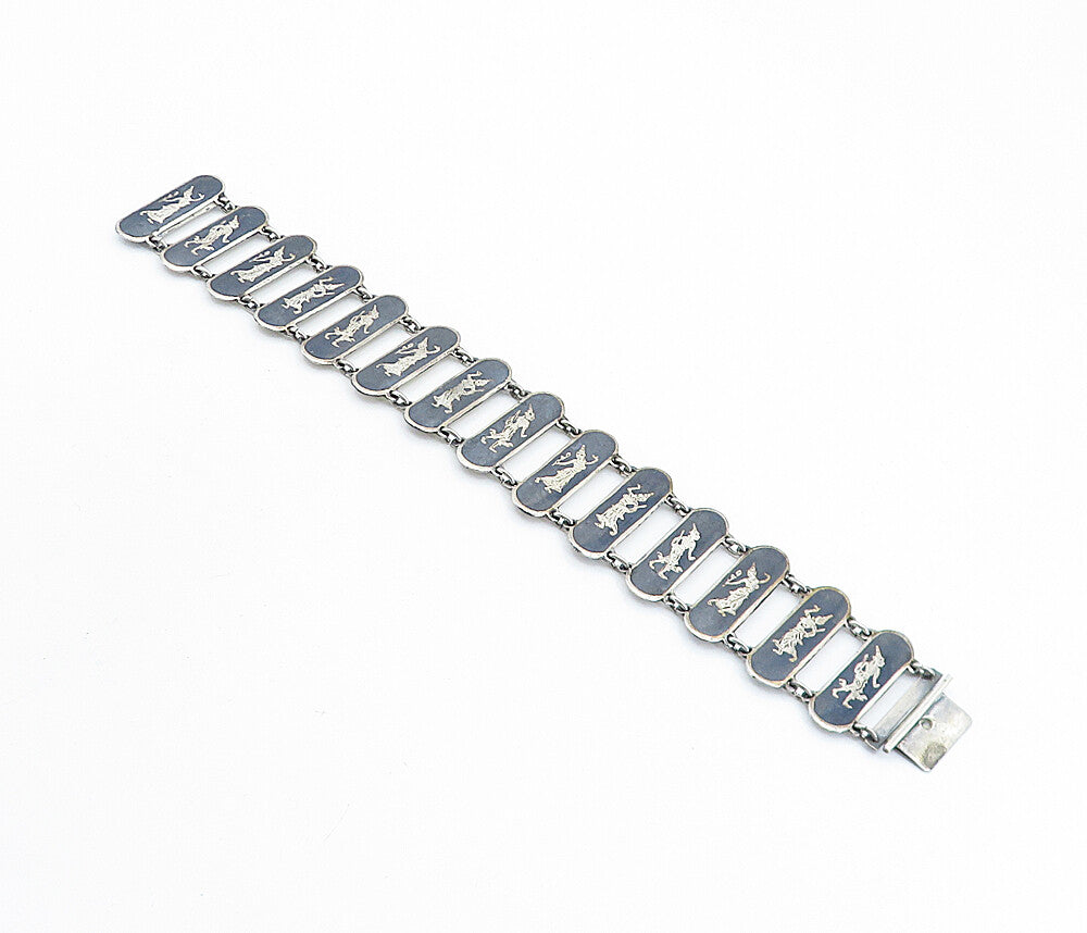 SIAM 925 Sterling Silver  Vintage Black Niello Dancer Chain Bracelet  BT2692