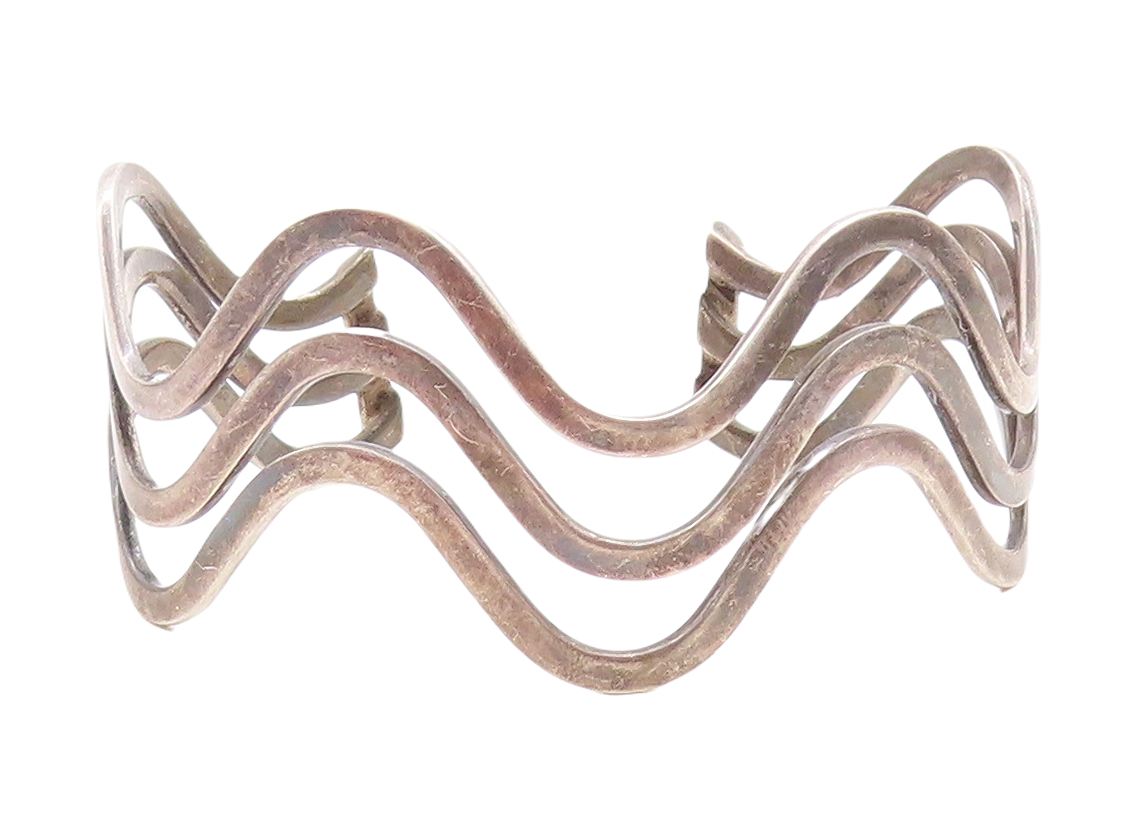 925 Sterling Silver  Vintage Dark Tone Wavy Split Shank Cuff Bracelet  BT2558