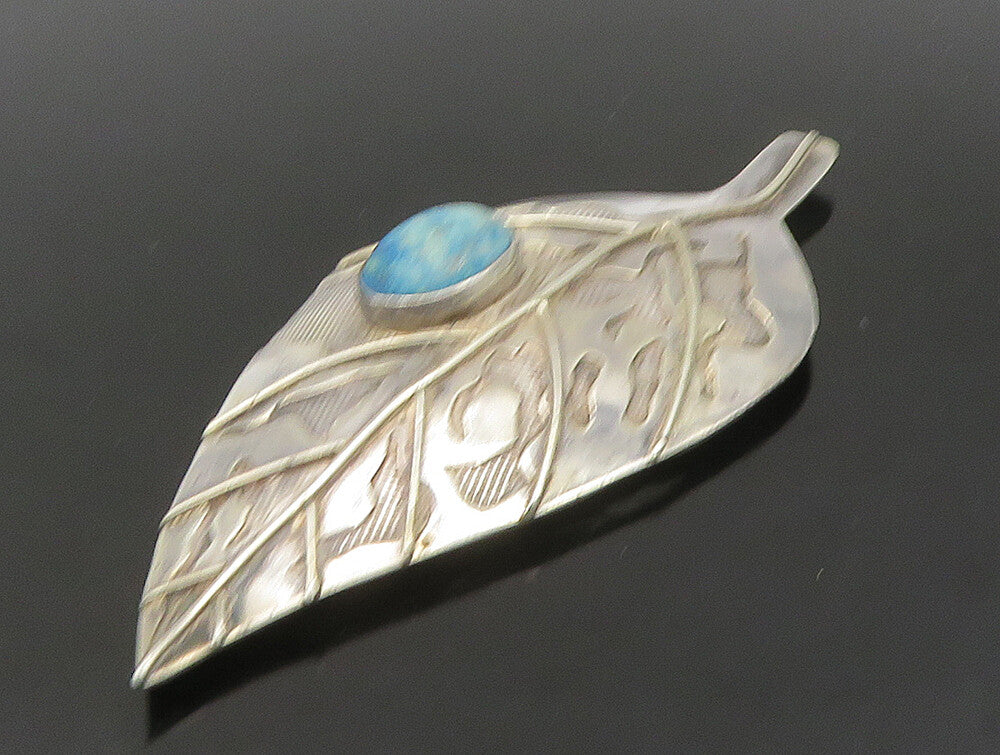 925 Sterling Silver  Vintage Cabochon Cut Turquoise Leaf Brooch Pin   BP9230
