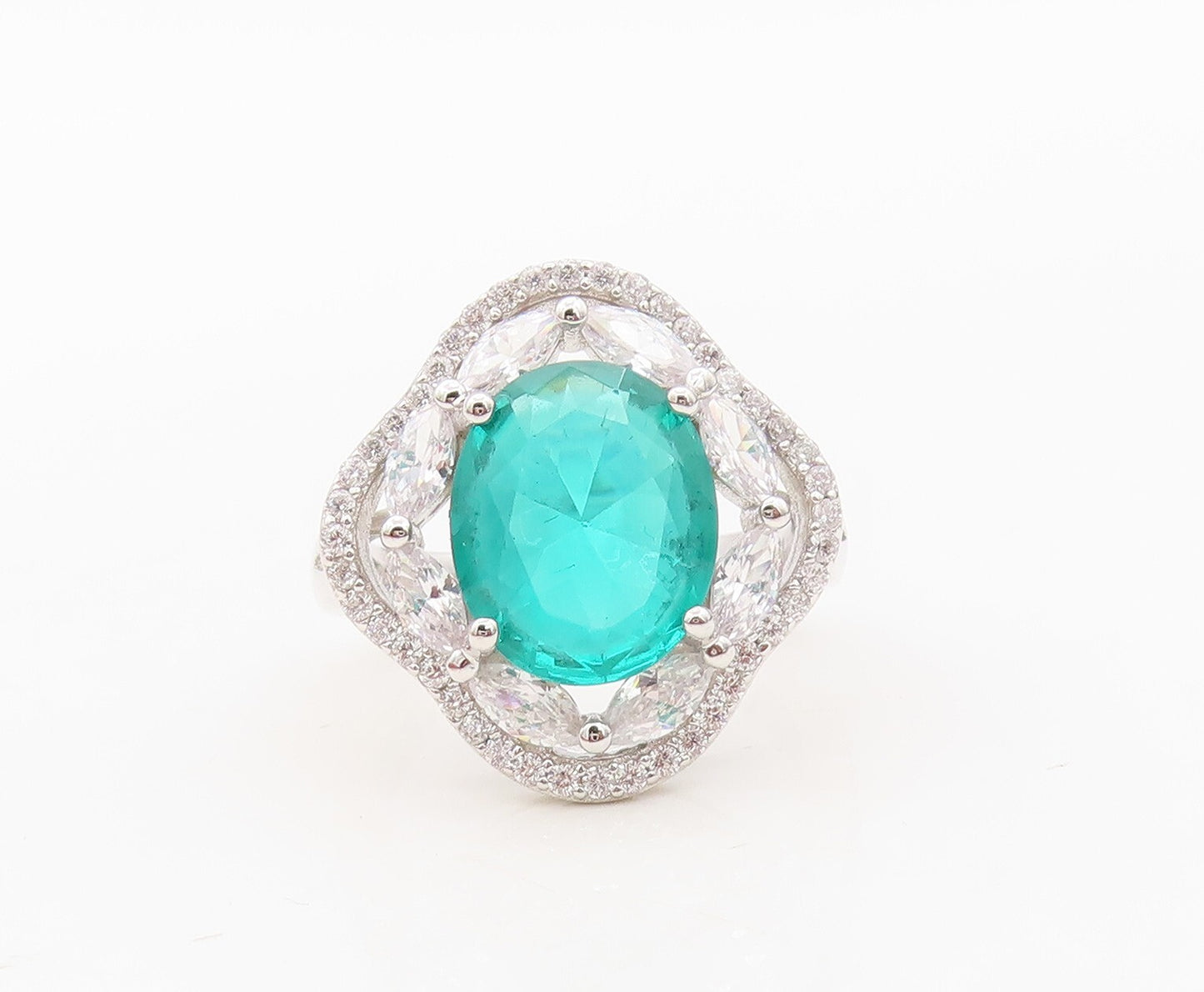 925 Sterling Silver Vintage Ring Oval Cut Sea Green CZ Flower  Sz 7.5  RG30485