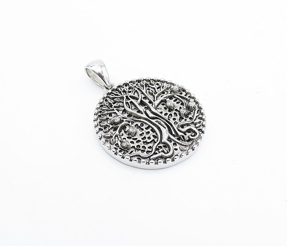 925 Sterling Silver Vintage Genuine Diamonds Tree Of Life Pendant  PT2718