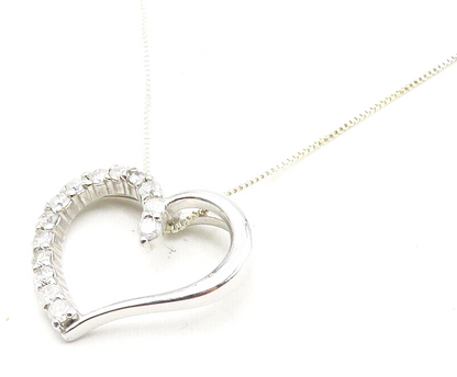 925 Sterling Silver  Genuine Diamonds Open Love Heart Chain Necklace  NE1961