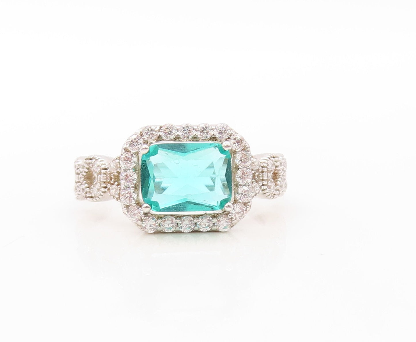 925 Sterling Silver Vintage Ring Rectangle Sea Green Halo White CZ  Sz 7 RG30851