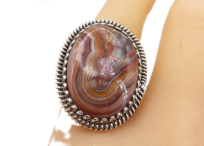 925 Sterling Silver Agate Shiny Twist Border Cocktail Ring Sz 8.5  RG8007