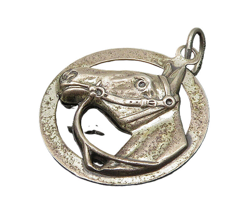 BEAU 925 Sterling Silver  Vintage Antique Horse's Head Round Pendant  PT17118