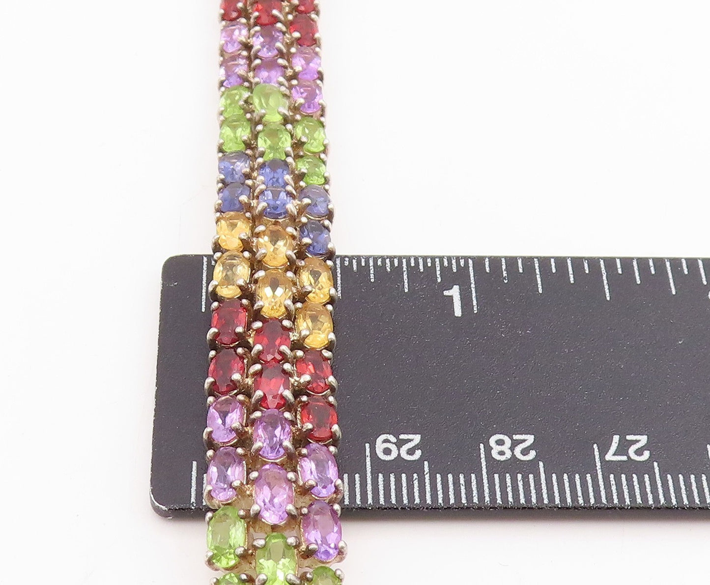 925 Sterling Silver Vintage Bracelet Oval Cut Multi Gemstone Triple Row  BT11689