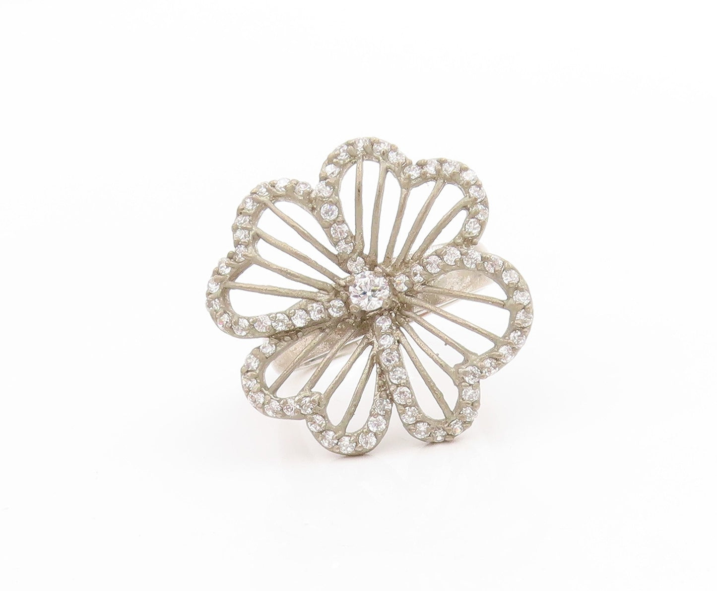 925 Sterling Silver Vintage Ring CZ Openwork Floral Blossom Band  Sz 7  RG34080