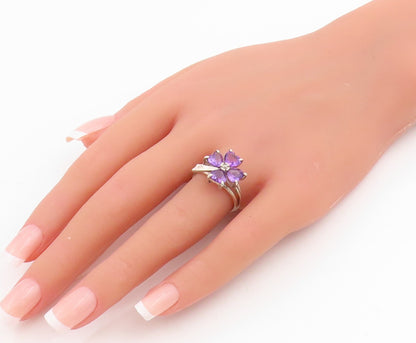 925 Sterling Silver Vintage Ring Amethyst Lucky Four Leaf Clover  Sz 7  RG34824