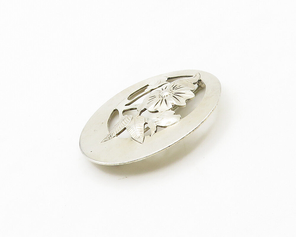 DESIGNER 925 Sterling Silver  Vintage Shiny Etched Floral Brooch Pin  BP6996