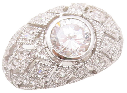 925 Sterling Silver Vintage Ring Designer Carved CZ Inlay Dome  Sz 7  RG30442