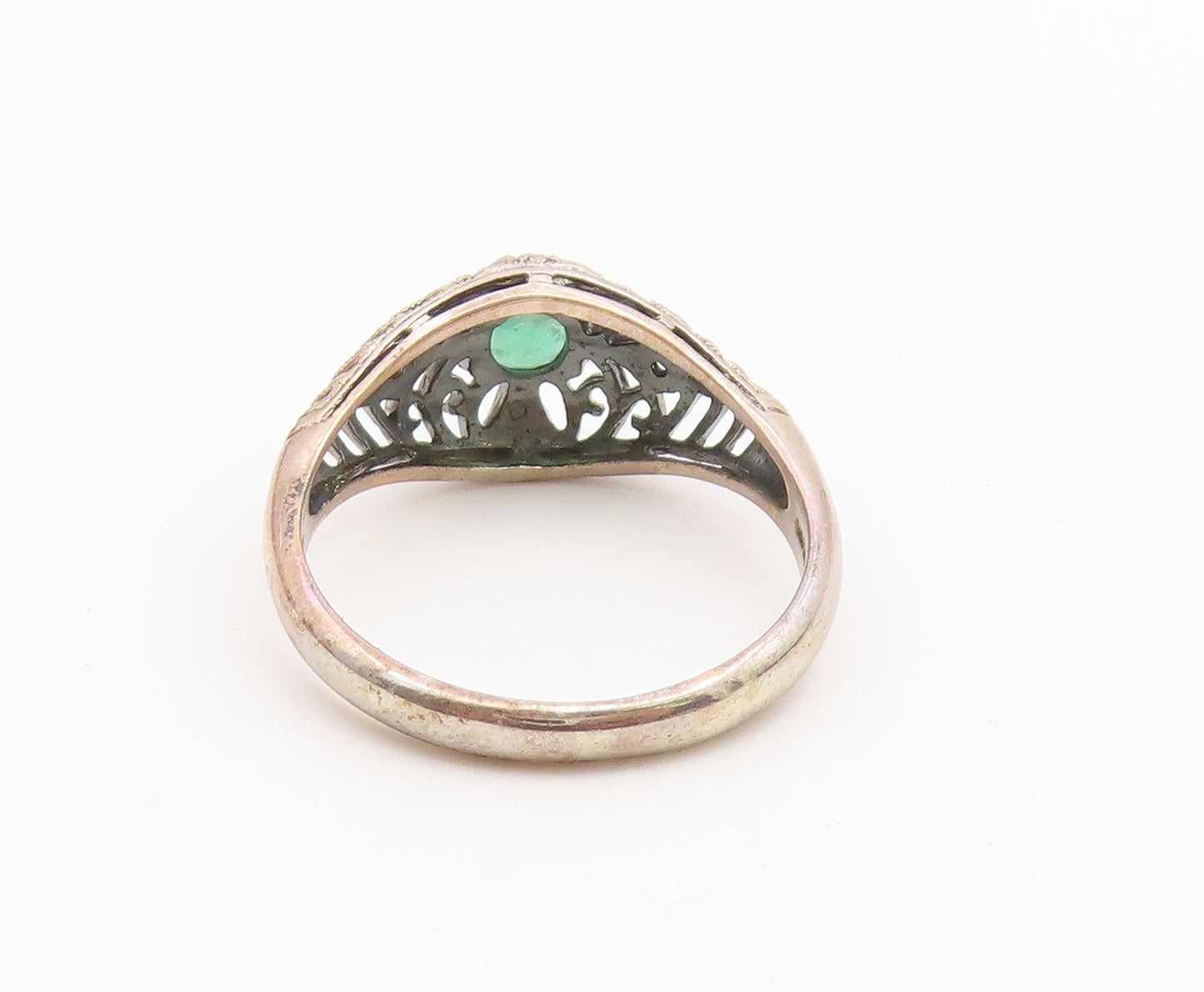 925 Sterling Silver Vintage Ring Emerald Intricate Filigree Band  Sz 8  RG36867