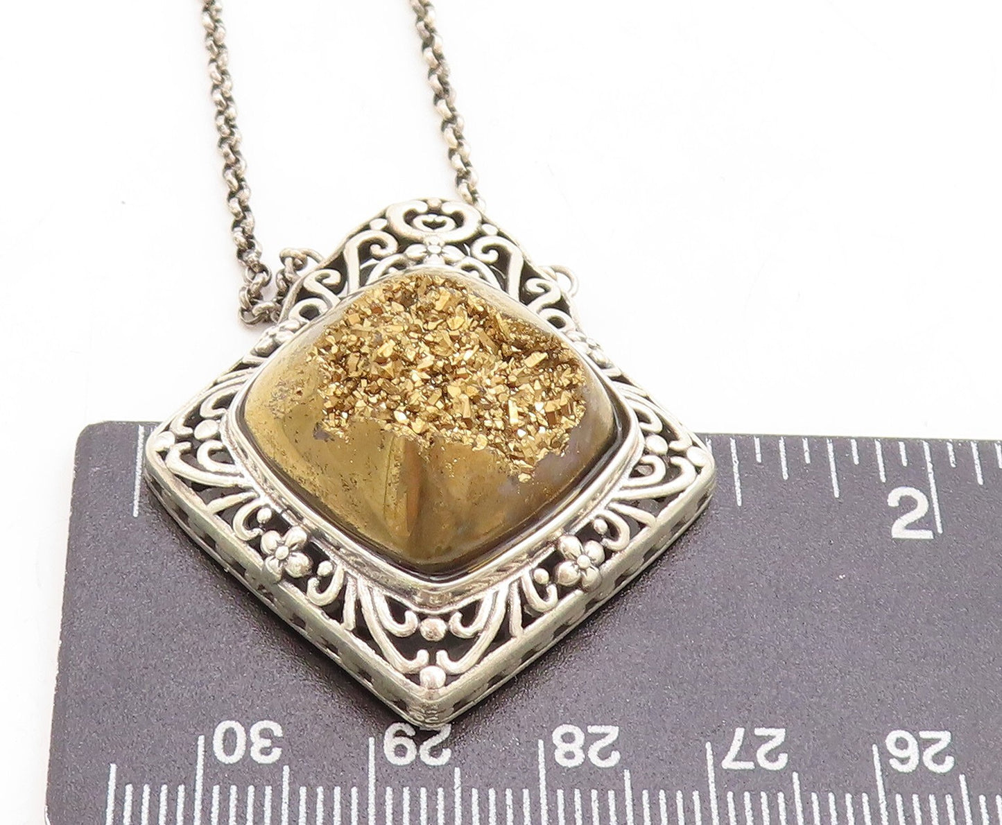 BERIA 925 Silver  Vintage Gold Druzy Stone Floral Swirl Chain Necklace  NE1325