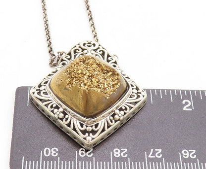BERIA 925 Silver  Vintage Gold Druzy Stone Floral Swirl Chain Necklace  NE1325