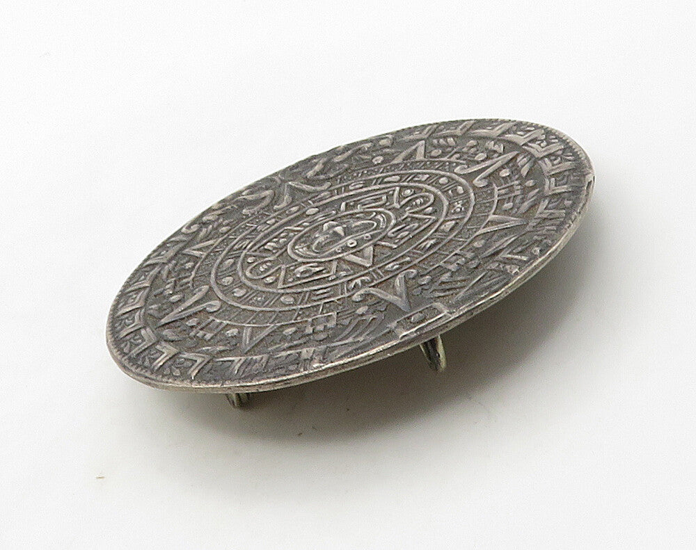 MEXICO 925 Sterling Silver Vintage Mayan Aztec Sun Calendar Brooch Pin BP6378