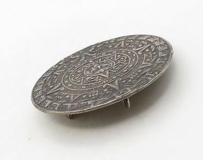 MEXICO 925 Sterling Silver Vintage Mayan Aztec Sun Calendar Brooch Pin BP6378