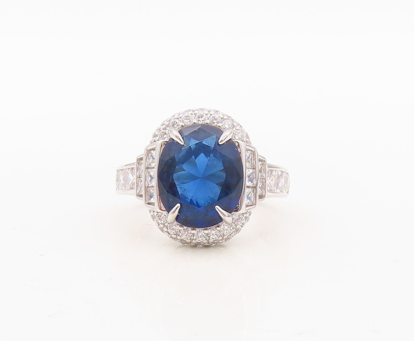 925 Sterling Silver Vintage Ring Oval Cut Sapphire Halo CZ Inlay  Sz 7 RG30507