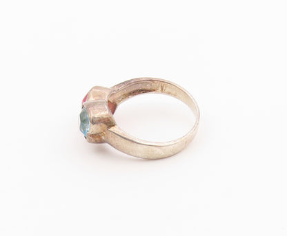 925 Sterling Silver Vintage Ring Pink & Blue Topaz Love Hearts  Sz 5.5  RG36476