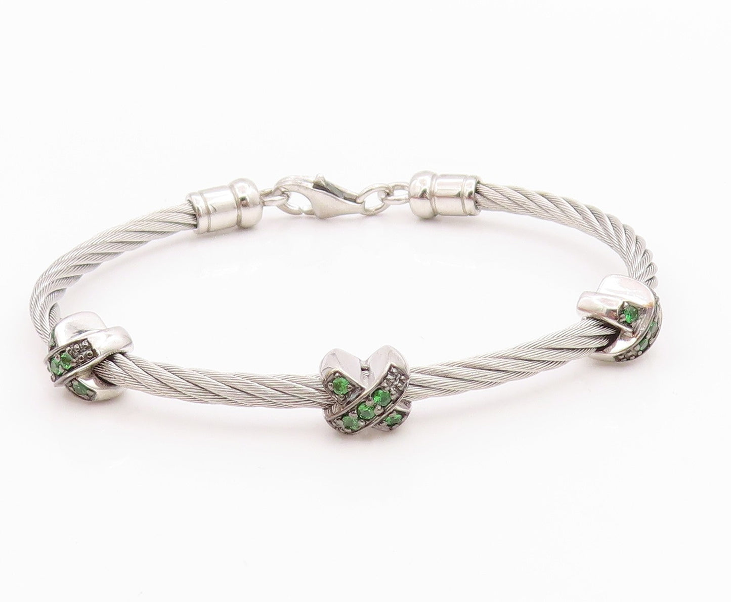925 Sterling Silver Vintage Bracelet Roped Green CZ Inlay X Bangle  BT11300