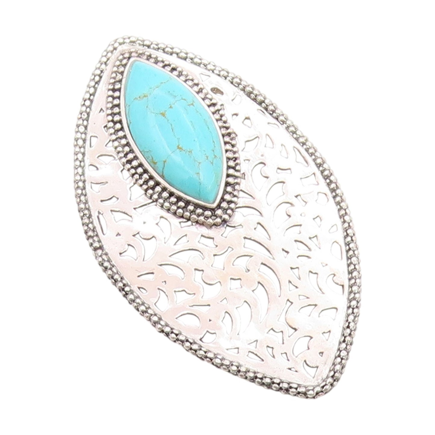 925 Sterling Silver Vintage Pendant Marquise Cut Turquoise Openwork Leaf PT25842
