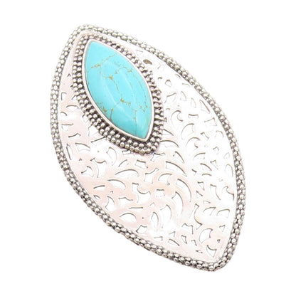 925 Sterling Silver Vintage Pendant Marquise Cut Turquoise Openwork Leaf PT25842