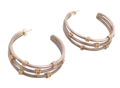 14k Gold 925 Sterling Silver Vintage Earrings Cutout Roped Open Hoops  EG13168