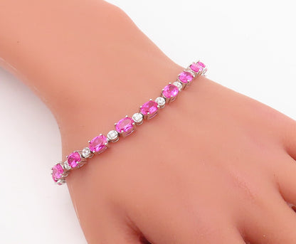 925 Sterling Silver Vintage Bracelet Minimalist Oval Pink White CZ Band  BT10867