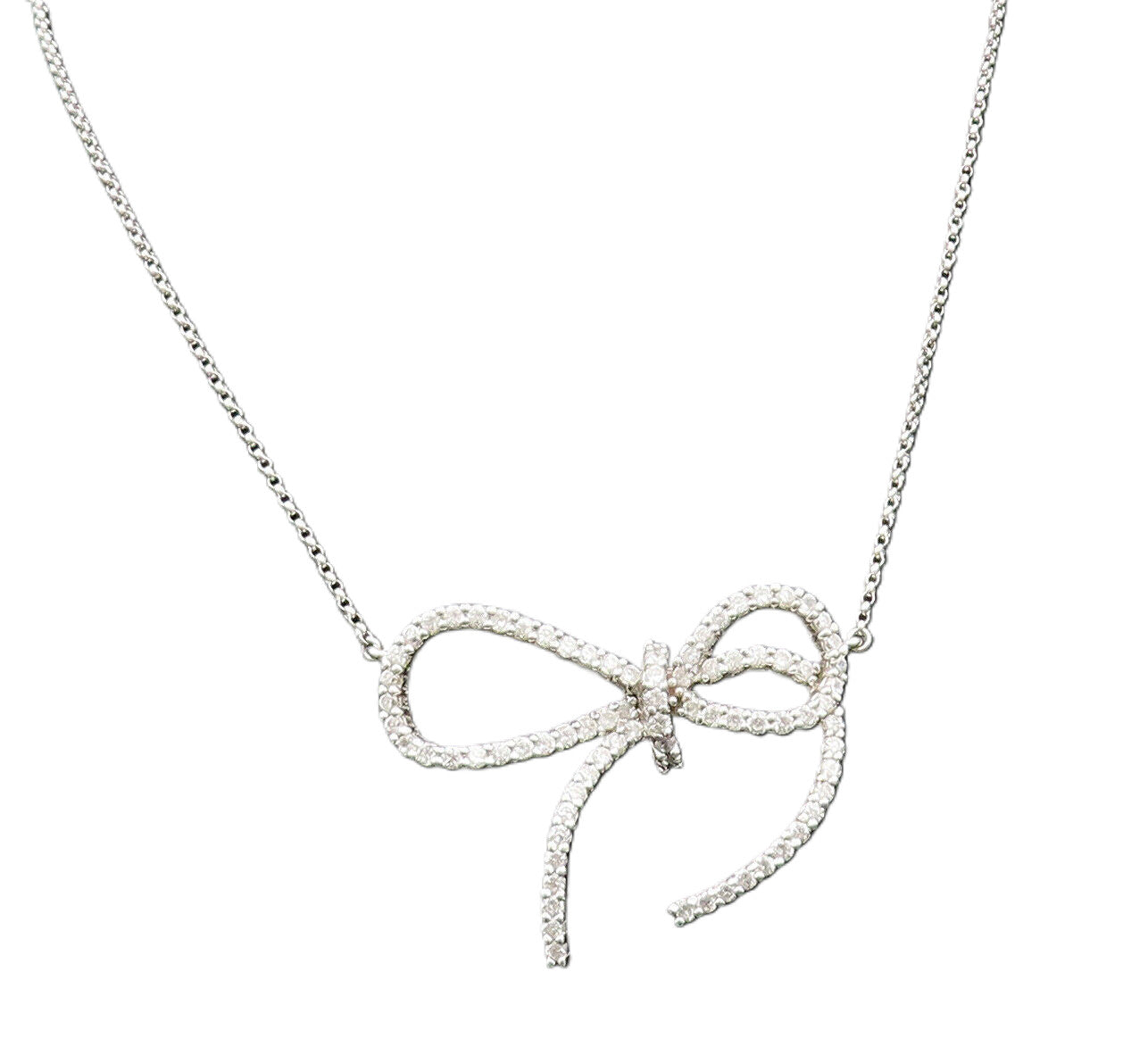 925 Sterling Silver  Vintage Dainty Sparkly Topaz Bow Tie Necklace  NE3908