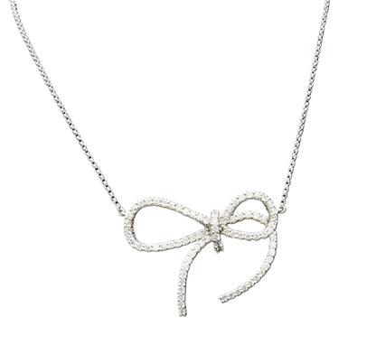 925 Sterling Silver  Vintage Dainty Sparkly Topaz Bow Tie Necklace  NE3908