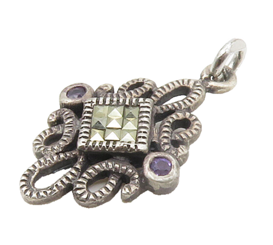 925 Sterling Silver  Vintage Shiny Marcasite & Amethyst Swirl Pendant  PT13580