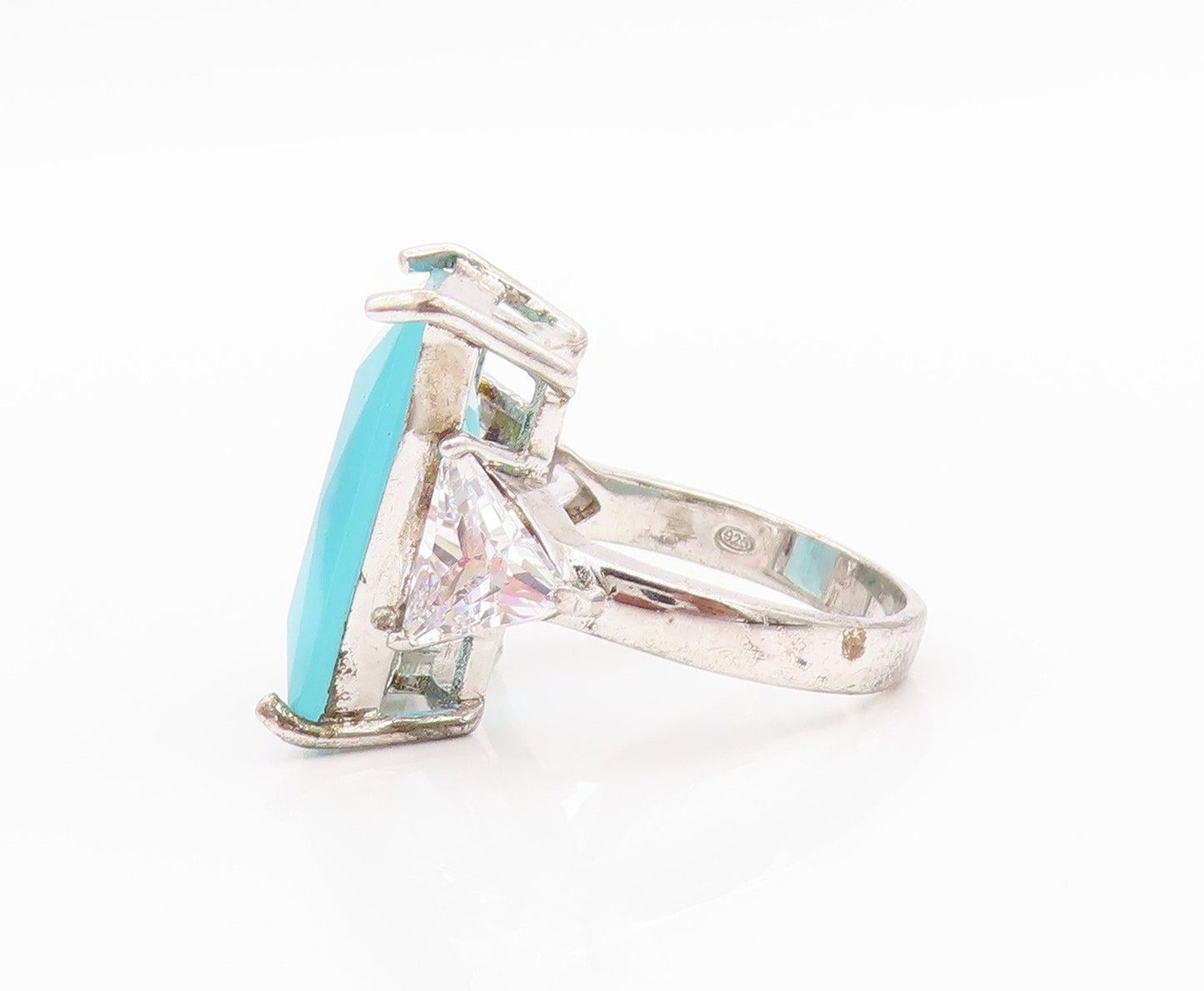 925 Sterling Silver Vintage Ring Rectangle Triangle Cut  2 Tone CZ Sz 6  RG33220
