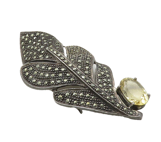 925 Sterling Silver  Vintage Topaz & Marcasite Floral Leaf Brooch Pin  BP6360