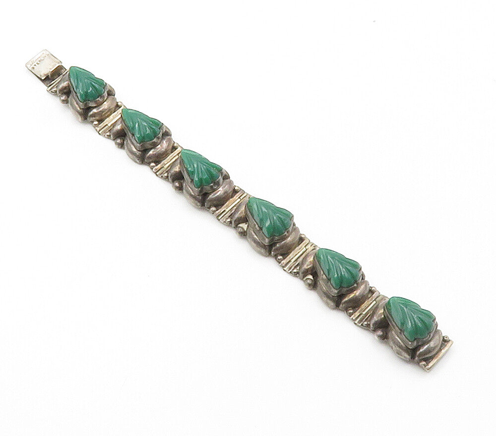 925 Sterling Silver  Vintage Green Onyx Carved Hinge Chain Bracelet  BT5943