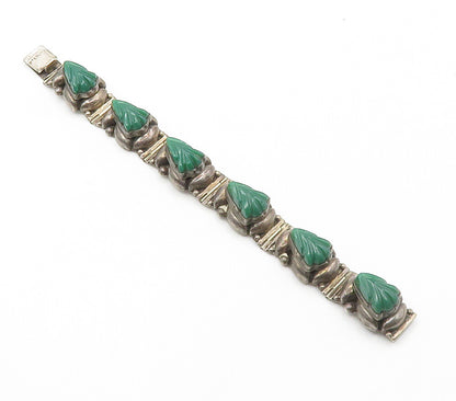 925 Sterling Silver  Vintage Green Onyx Carved Hinge Chain Bracelet  BT5943