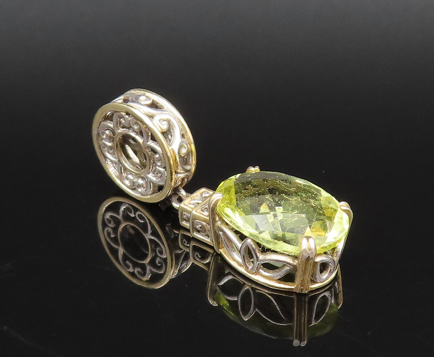 925 Sterling Silver  Vintage Swirl Cutout Yellow Topaz Floral Pendant  PT21861