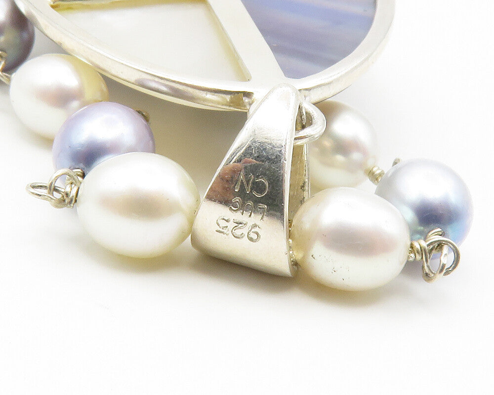 925 Silver  Blue & White Mother Of Pearl & Pearls Beaded Necklace  NE2310